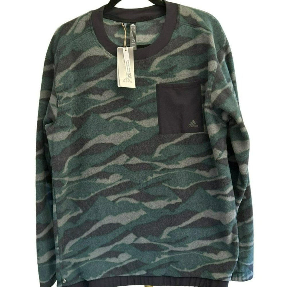 Adidas Men's Green Black Textured Print Camo Pull Over Fleece Size Small NWT